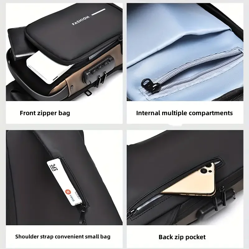 حقيبة صدر بقفل بكلمة مرور مضادة للسرقة للرجال، قماش أكسفورد متين، حزام كتف قابل للتعديل، نمط كروس مع قفل آمن