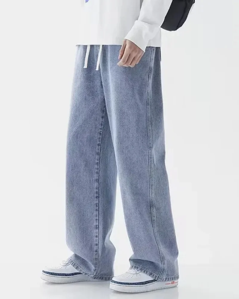 Outono e inverno novos jeans americanos de rua alta para homens, design solto e reto com cordão, calças juvenis