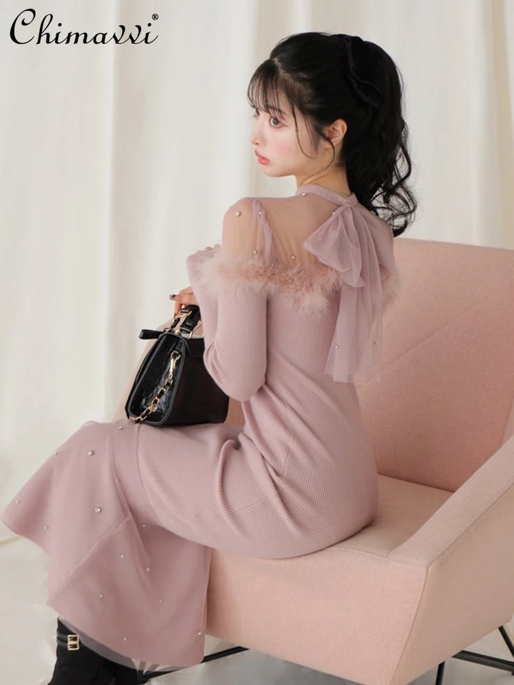 Otoño Invierno Hada dulce retales transparente con cuentas vestido de sirena de plumas moda de manga larga ajustado elegante vestido suéter de punto