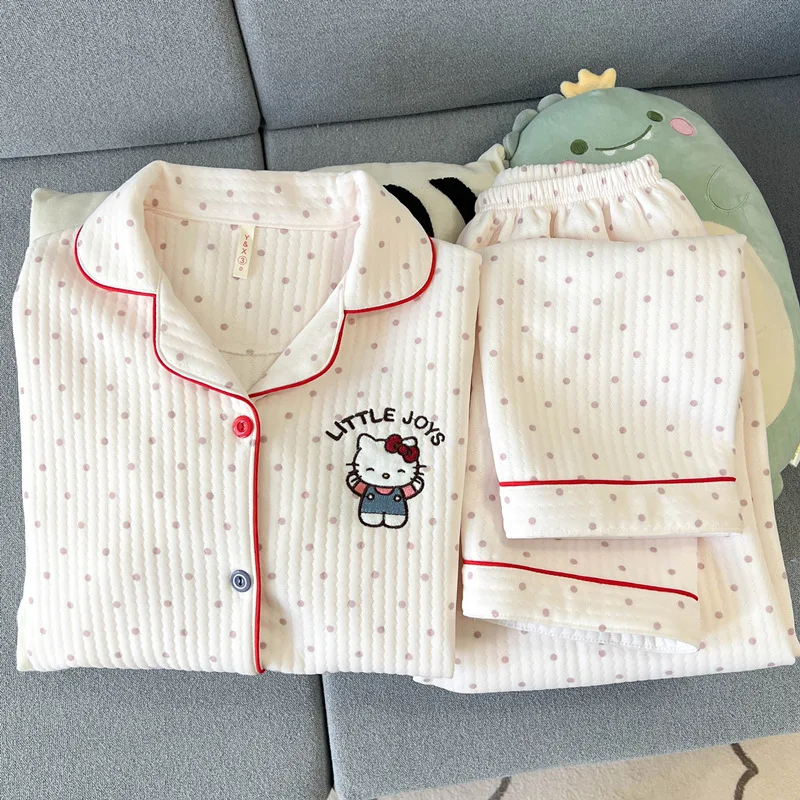 

Cartoon Sanrio Hello Kitty Cinnamoroll Pompompurin Women Pyjamas Two-piece Set Winter Warm Loose Casual Trousers Homewear Gifts