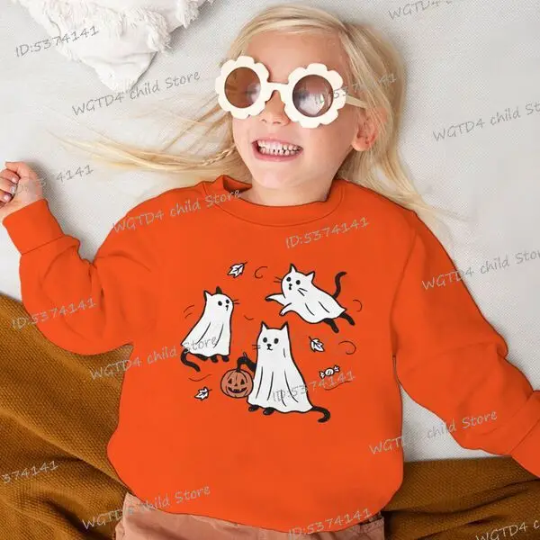 

Забавный свитшот с призраком и котом на Хэллоуин, подарки для любителей кошек, жуткая сезонная одежда для девочек и мальчиков, осенний свитер с милыми животными и героями мультфильмов