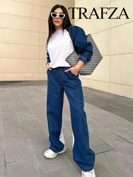 TRAFZA Grey And Navy Blue O-Neck Long Sleeve Buttons Pullovers+Elastic Waist Pockets Zipper Wide Leg Pants Female Loose Suits