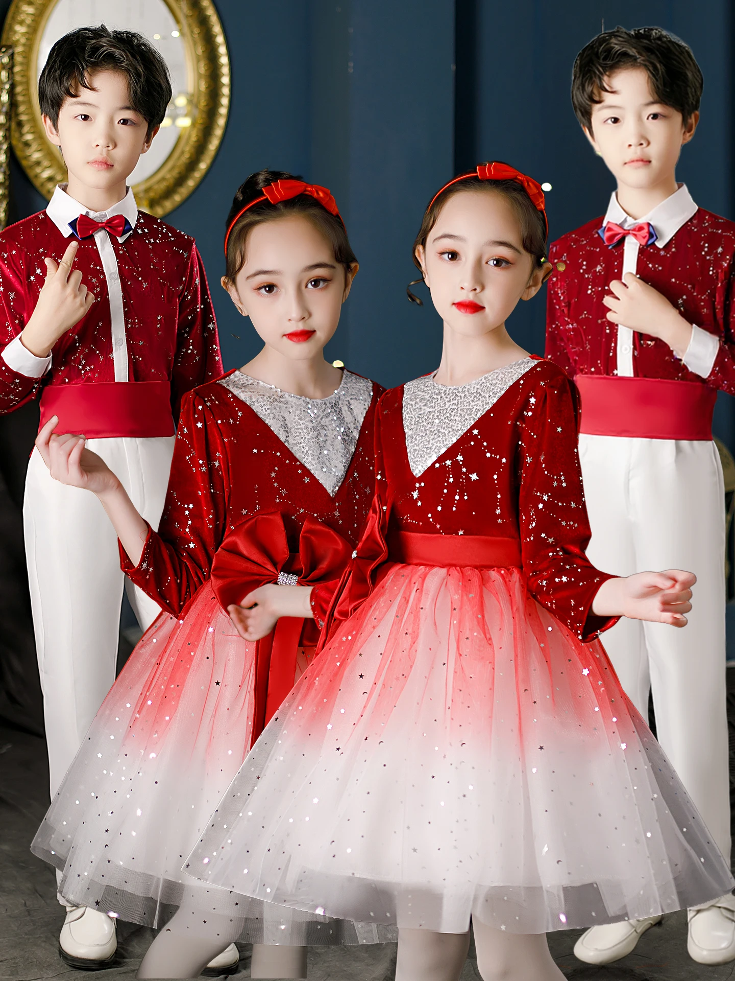 

Red Performance Costume for Girls Primary And Middle School Students Speech Contest Nationalism Competition Ceremony Outfit