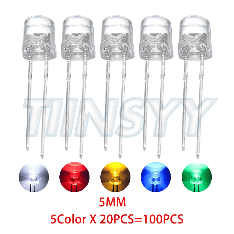 100pcs 5mm Flat Top White Red Yellow Blue Green Assorted Kit Lamp Diode LED Ultra Bright Bulbs Emitting Diodes F5 5 mm DIY Light