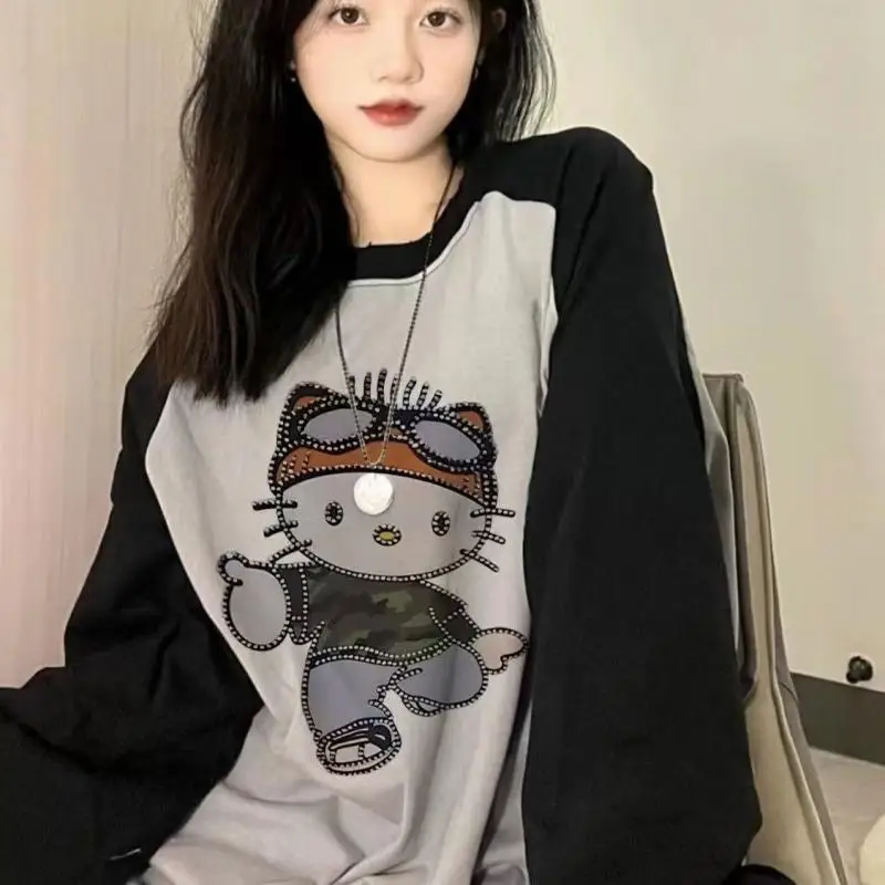 

Kawaii Hello Kitty Hoodie Sanrio Anime Cartoon Splicing Fun Long Sleeves Sweatshirts Soft Comfortable Cute Students Girl Tops