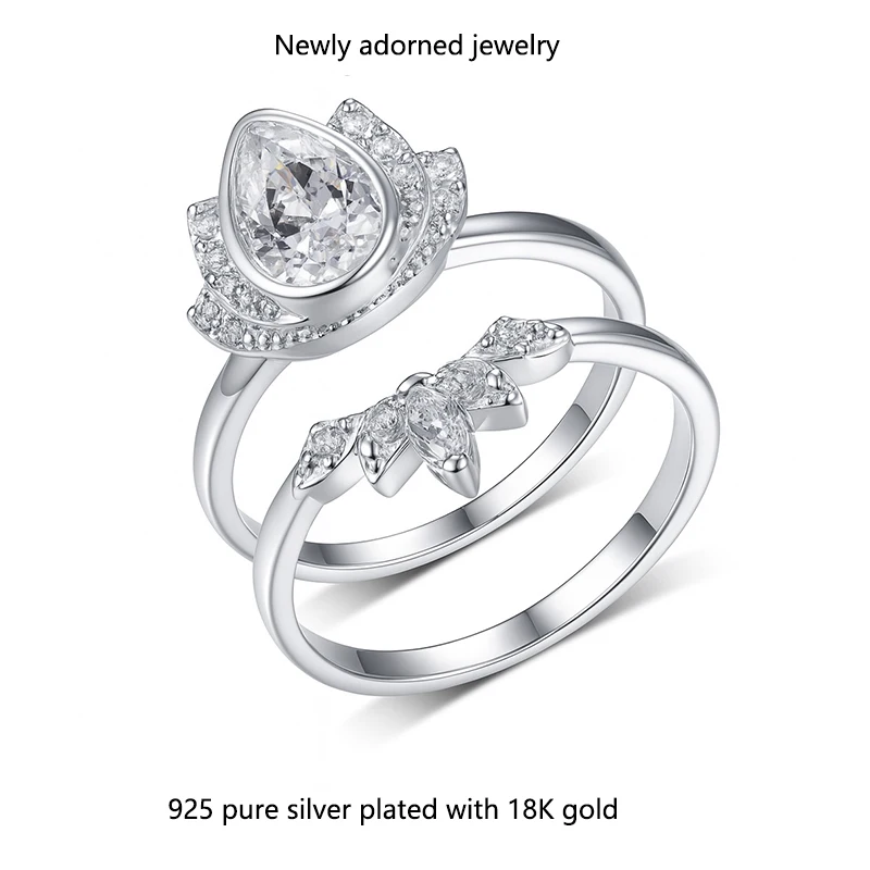 

S925 silver teardrop edge crown-shaped ring with a 1.5CT moissanite stone, a popular women's secondary double-ring stacking styl