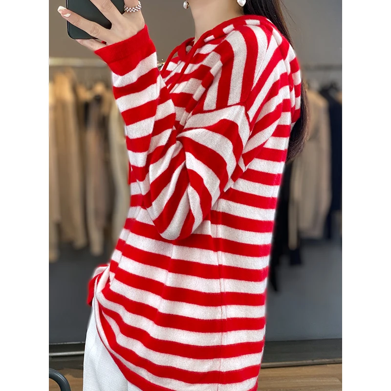 مخطط هوديي المرأة 100% ميرينو رداء علوي من الصوف الخريف والشتاء موضة محبوك مخطط هوديي سميكة الدافئة الملابس النسائية