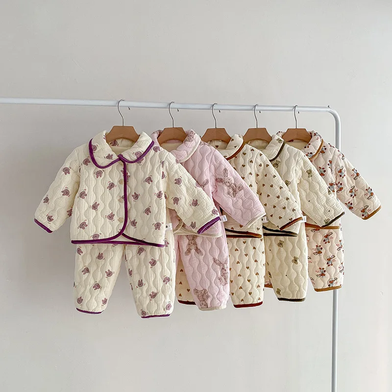 2024 winter infant baby cartoon set toddler girls insulation thickened cotton coat animal printed pants 2PCS casual suit