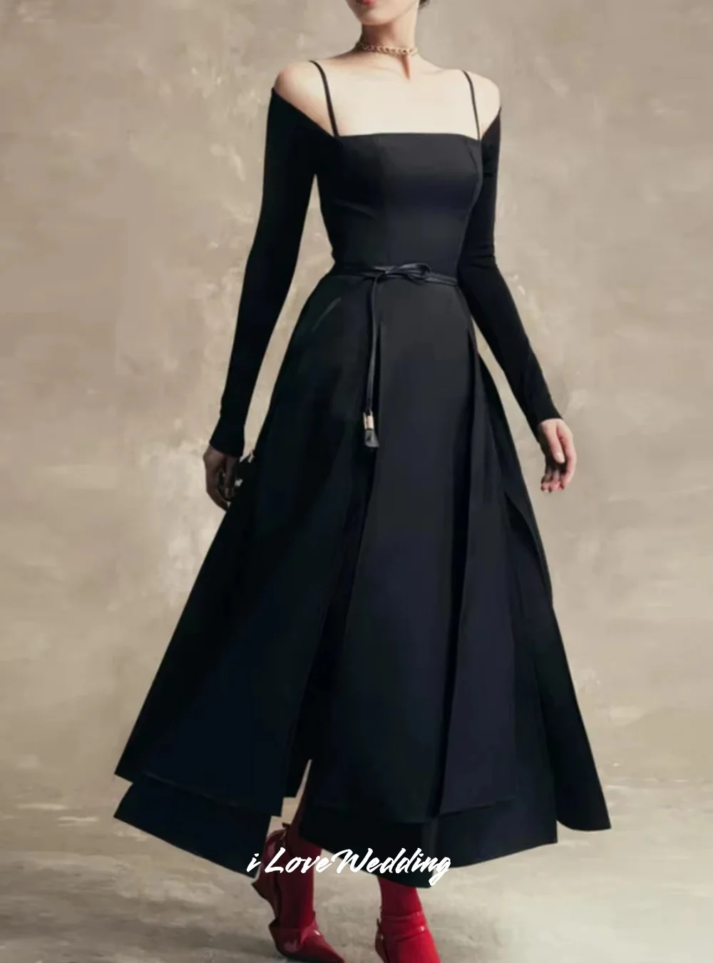 Red Square Neck Evening Dresses 2025 Long Sleeve Pleated A-line Belt Side Split Tea-length فساتين للمناسبات الخاصة  Customized