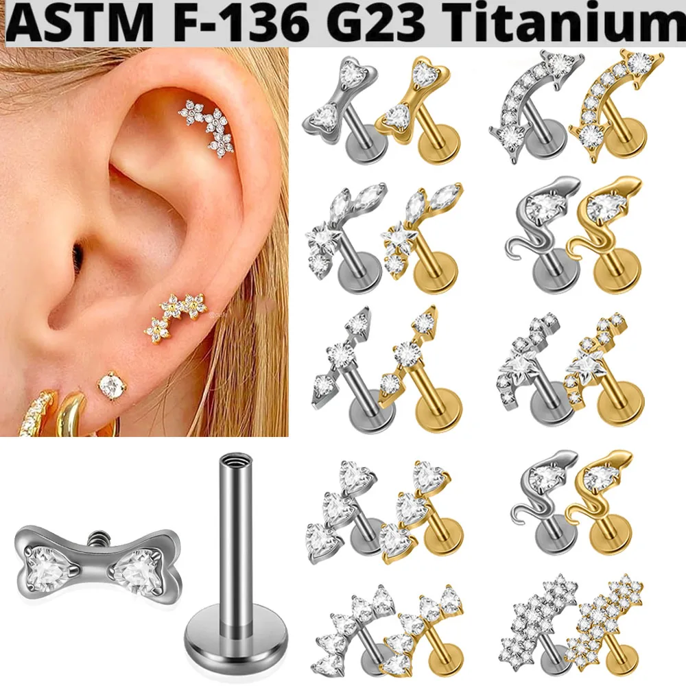 1PC G23 Titanium Star/Bow Drop CZ Internal Thread Labret Piercing Snake Daith Earring Body Piercing Jewelry 16G