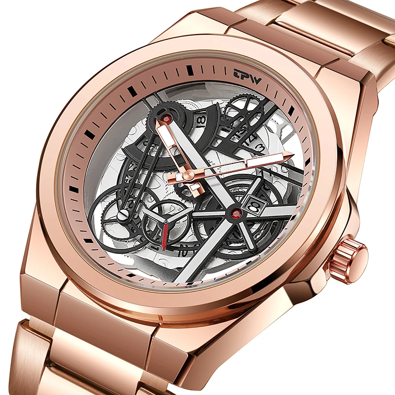 

TPW Hot Trendy Fashion Wholesale Men Golden Skeleton Quartz Wrist Watches Luxury watch day function stainless steel stap