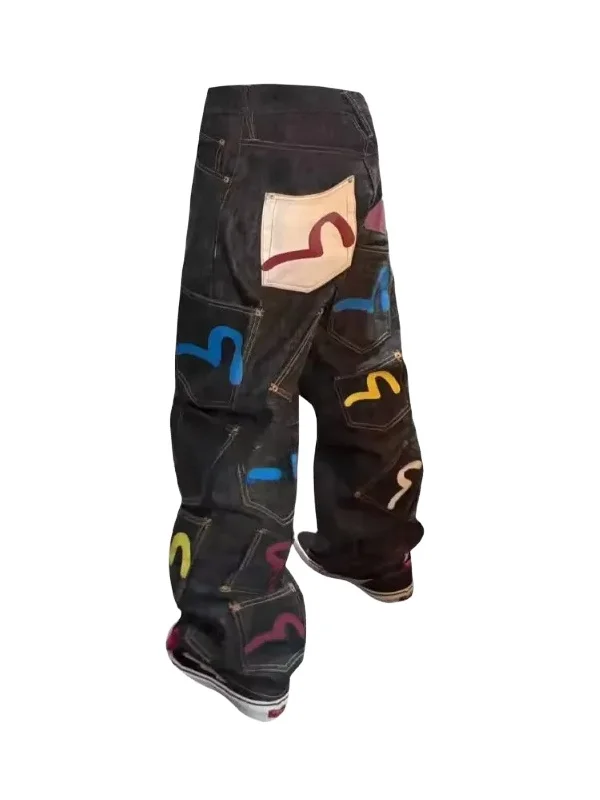 

Свободные женские джинсы с тяжелой талией и уличной талией, повседневные джинсы с несколькими карманами и принтом, высокая талия, осень-зима, моя