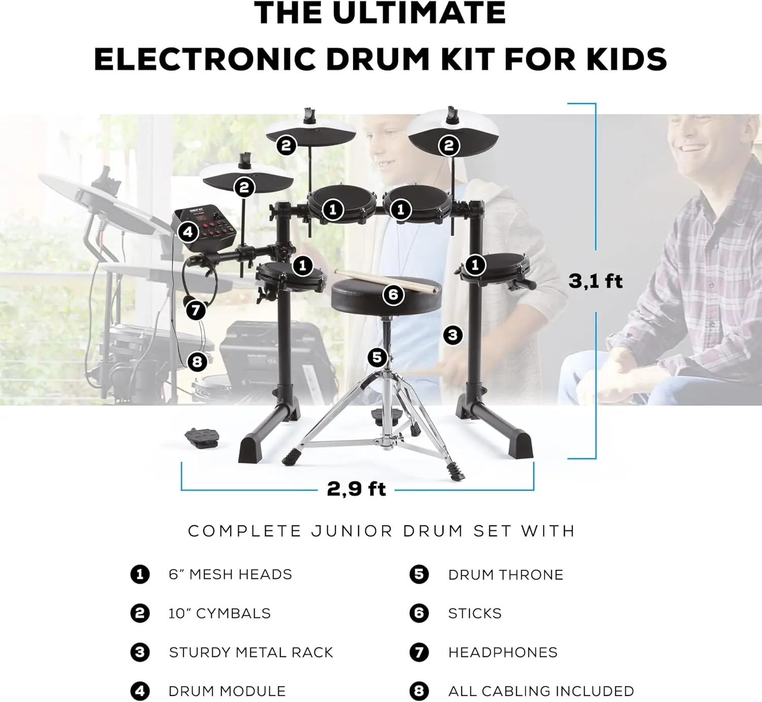 Drums Debut Kit – Kids Drum Set With 4 Quiet Mesh Electric Drum Pads, 120 Sounds, Drum Stool, Sticks, Headphones