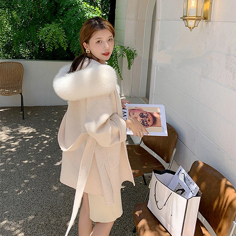2024 Wool Cashmere Coat Autumn Winter New Fox Fur Collar Women\'s Mid-length Belt Hooded Woolen Coat New Fashion