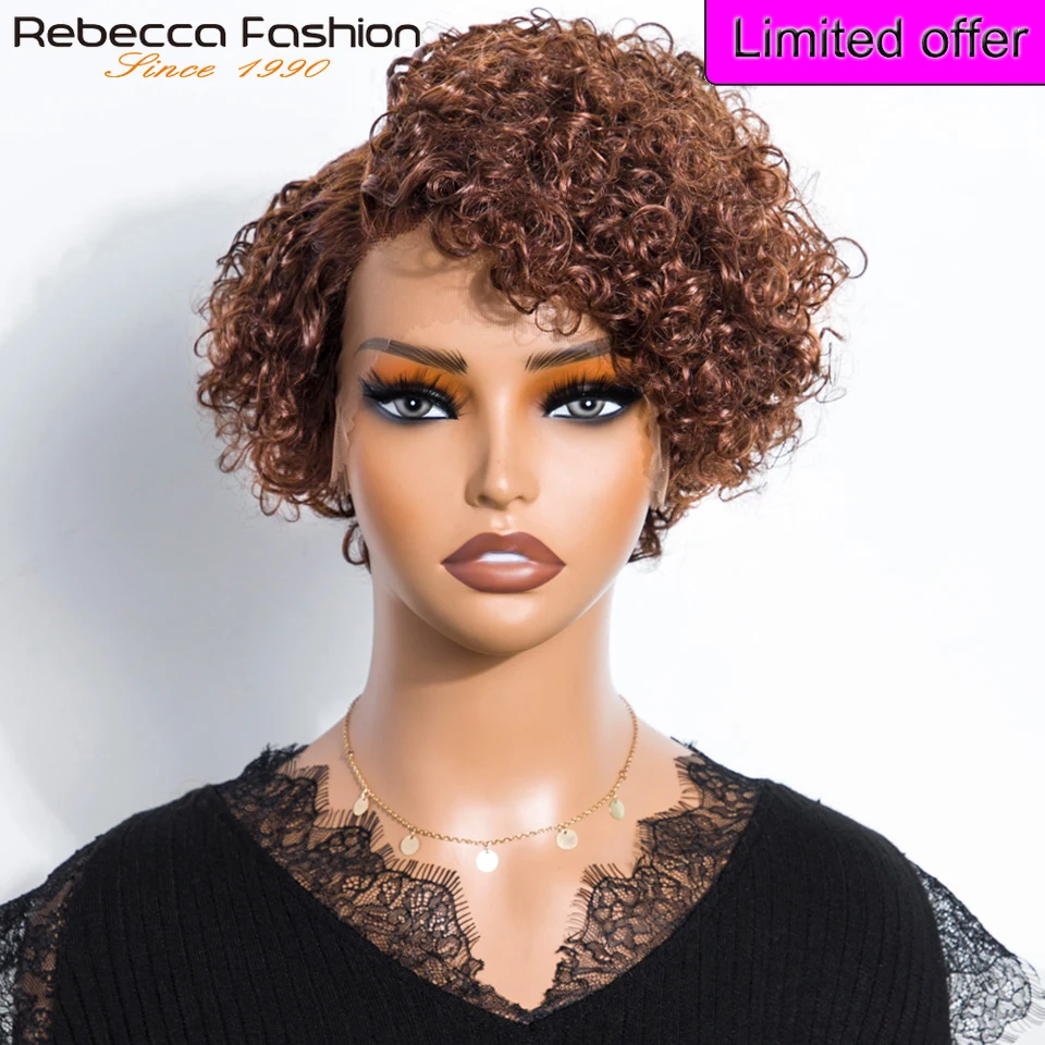 

13x1 Кружева спереди Прозрачный глубокий вьющийся парик Шнурка Предварительно выщипанные натуральные каштановые волосы Парик с стрижкой пикси Короткий боб Вьющийся парик из человеческих волос