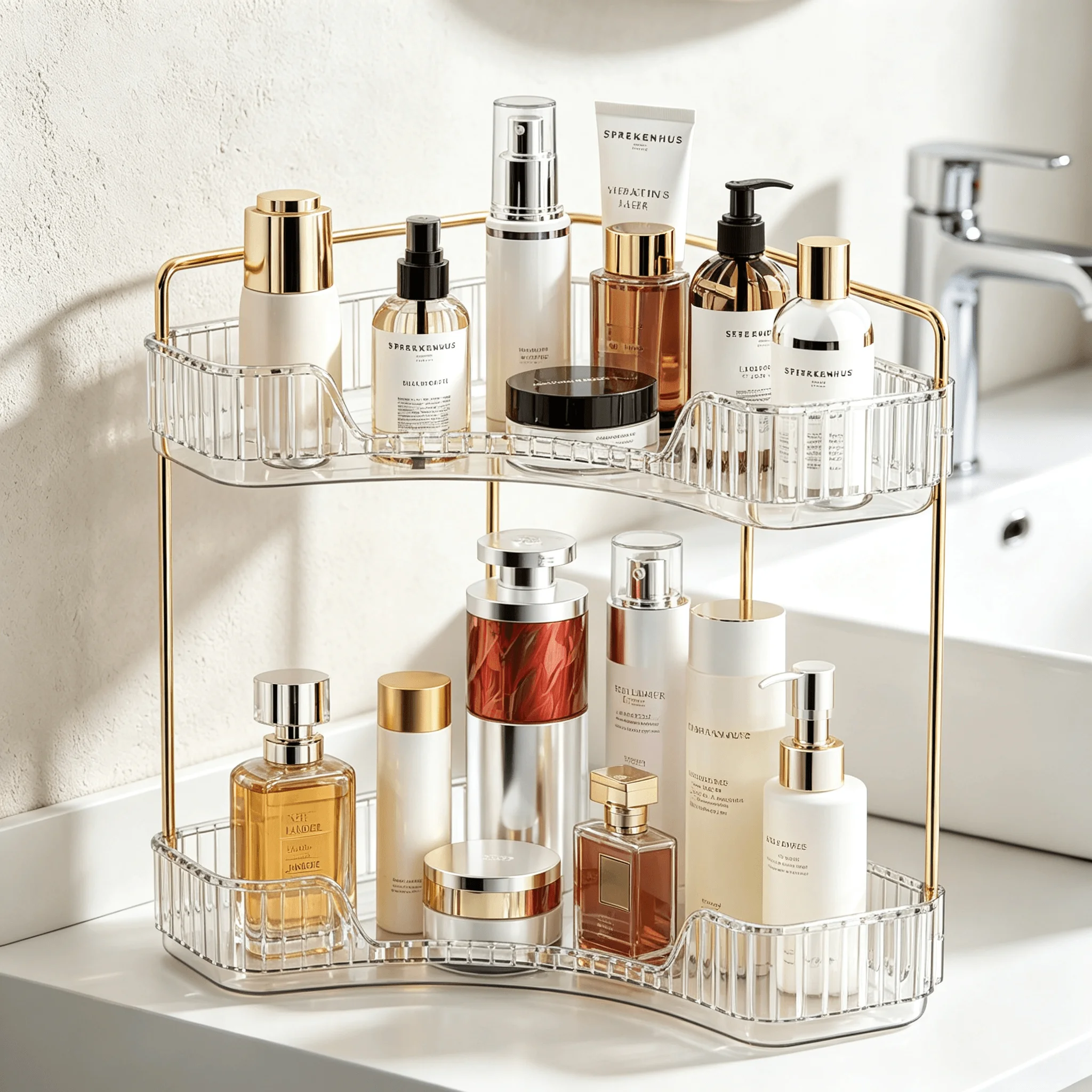 2/3-Tier Space Saving Makeup Rack with Gold Frame, Clear Plastic Countertop Skincare Shelf, Desktop Organizer for Perfume, Cosmetics, and Toiletries