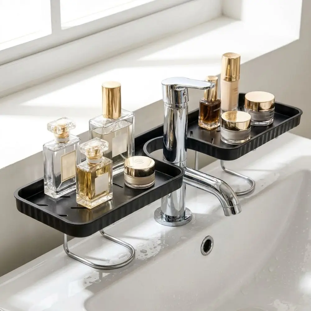Bohrfreies Badezimmer-Aufbewahrungsregal Rostfrei Große Kapazität Waschbecken-Regal mit Wasserablauf Platzsparender Kosmetikständer Toilettenregal
