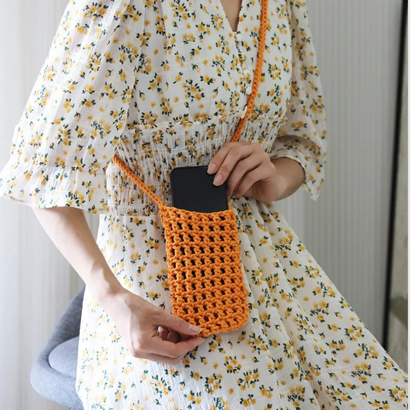 Hollow Knitting Phone Bag Lightweight Colorful Beach Handbag Small Purse Portable Crossbody Bag For Casual Outings Small Item