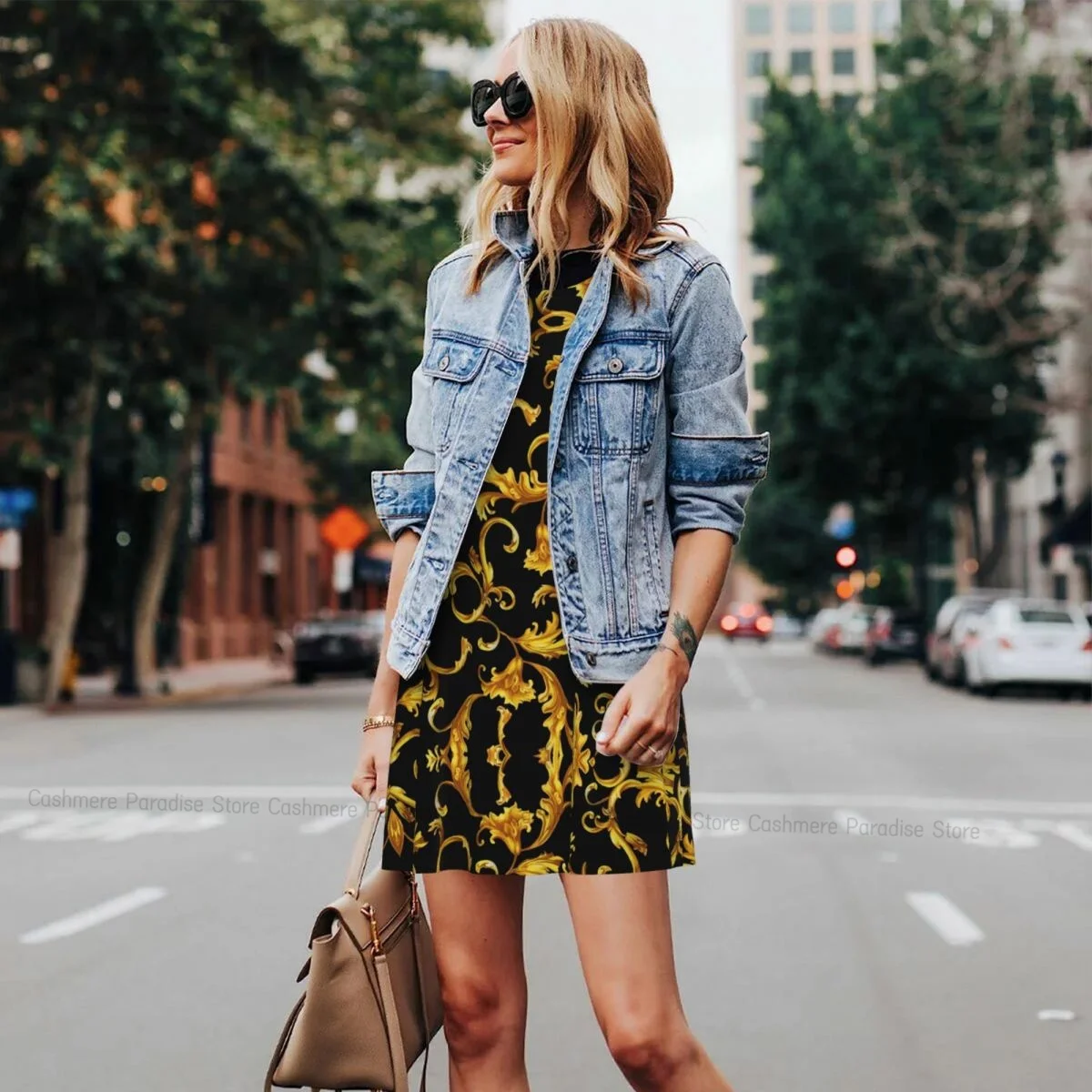 Abito da donna Barocco dorato di lusso estivo T-shirt casual Abiti da spiaggia Coprispalle