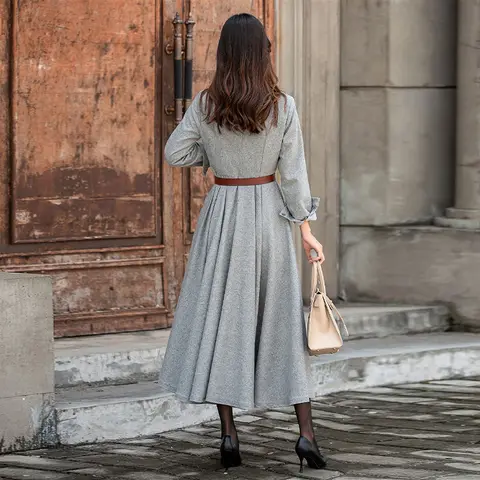 Long Sleeve Wool Dress, Wool Shirt Dress, Button-Wool Dress, Long Wocl Dress, Women's Gray Wool Dress, Warm Winter Dress