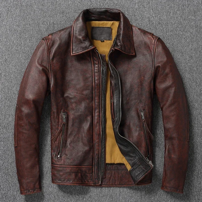 Top layer Cow Oversized Leather Jacket Red-Brown American retro Motorcycle Style Color Distressed High Sense Coat