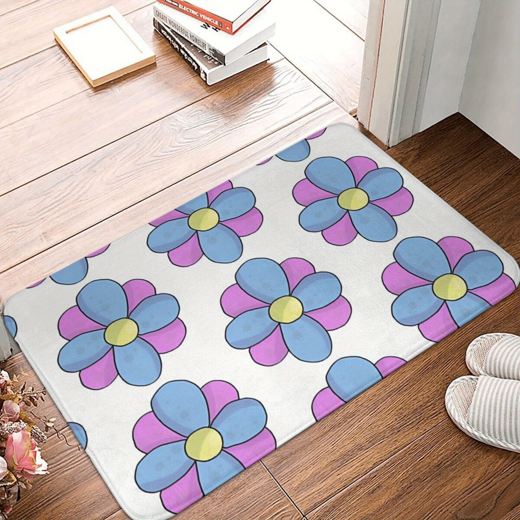 Floral Doormat – Non-Slip Polyester with Repeating Blue & Purple Flowers, Yellow Centers, Entryway Kitchen Bathroom Living Room