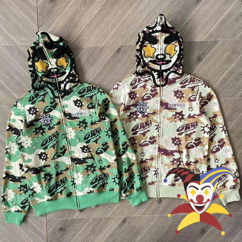 Green Camouflage Glo Gang The Glory Full Zip Cardigan Hoodie Men Women High Quality Vintage Oversized Hooded