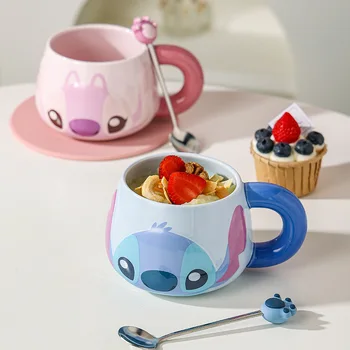 Kawaii disney ponto anjo caneca caixa de presente colher dos desenhos animados xícara de cerâmica xícara de café grande capacidade 500ml lidar com copo de água presente de aniversário