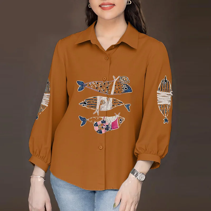 2026 ZANZEA قمصان نسائية مطبوعة على شكل سمكة وطية صدر السترة 3/4 كم بلوزات فضفاضة غير رسمية بلوزة نسائية عتيقة موضة أنيقة للمكتب للسيدات Blusa #5