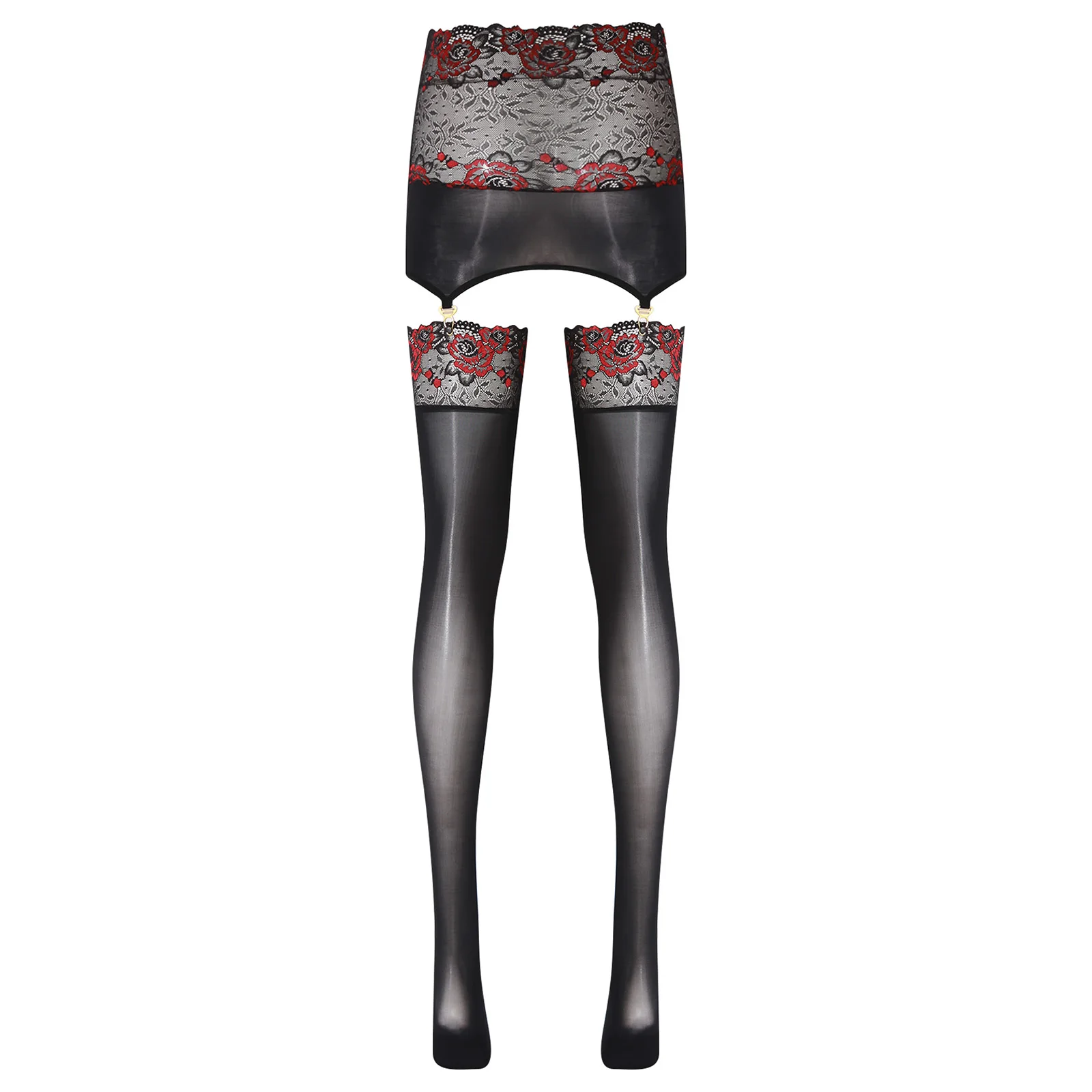 Womens Glossy Bodycon Skirt with Garters Suspender Stockings Floral Lace Trim High Waist Miniskirt Hollow Out Tights Pantyhose