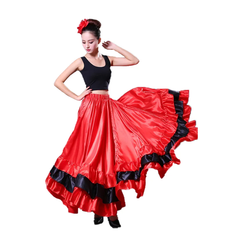 Gonna da flamenco spagnolo donna zingara da 720 gradi poliestere raso liscio grande altalena festa di carnevale sala da ballo costumi di danza del ventre vestito