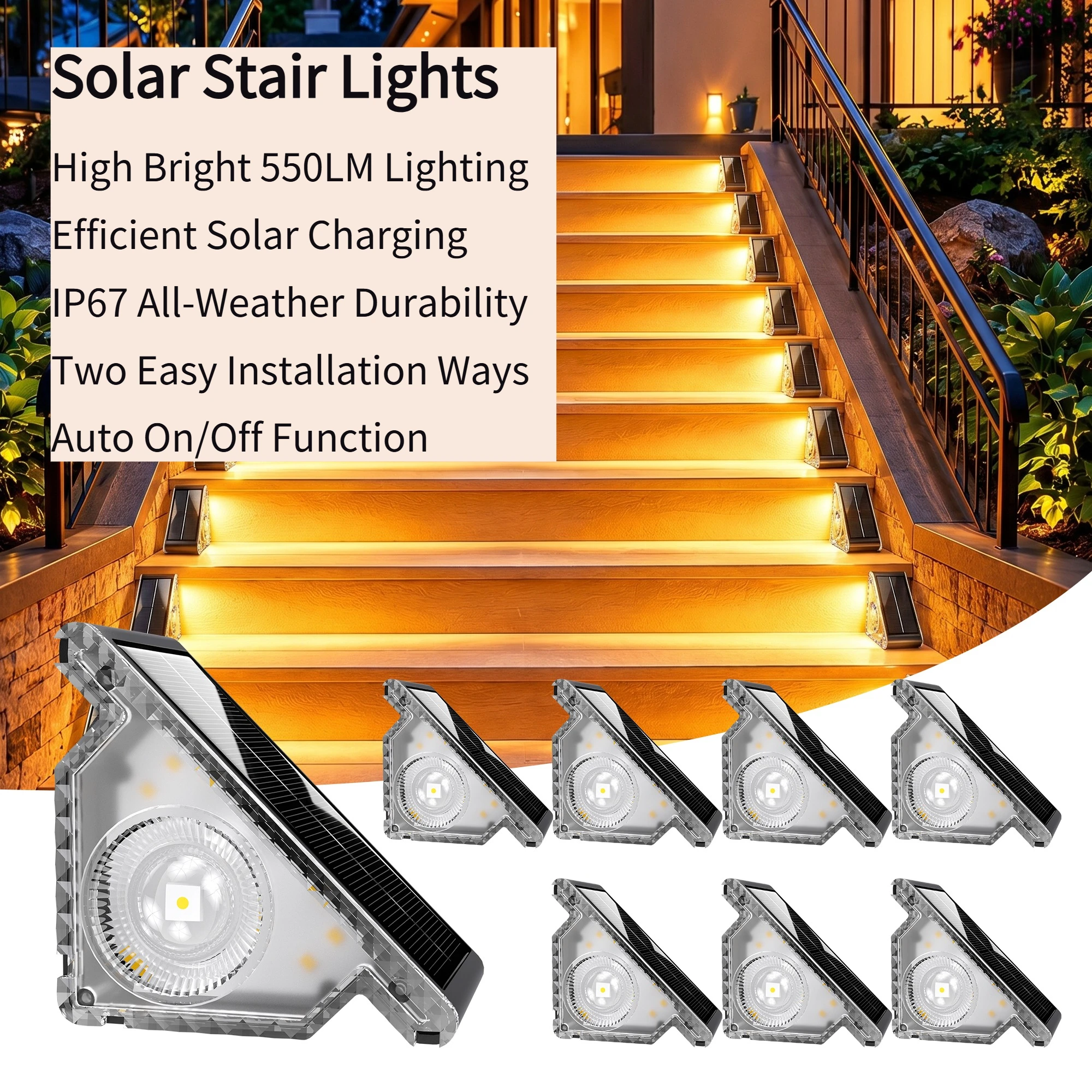 

Solar Step Lights, 8 Pack, 3000K Warm Light, IP67 Waterproof , High Conversion, 12H Runtime, Easy Install for Patio & Walkways