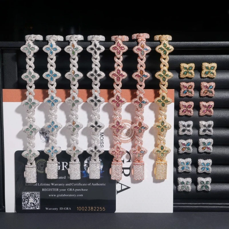

Hot Sale VVS Moissanite Iced Out 925 Silver 18K Gold Plated Colors Moissanite Flower 7'' Bracelets 15mm Earrings Jewelry Sets