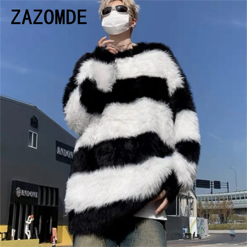 ZAZOMDE Men Autumn Winter New Stripe O Neck Knitwear Top Men Long Sleeve Loose Pullovers Male Streetwear Sweater Tops Clothing