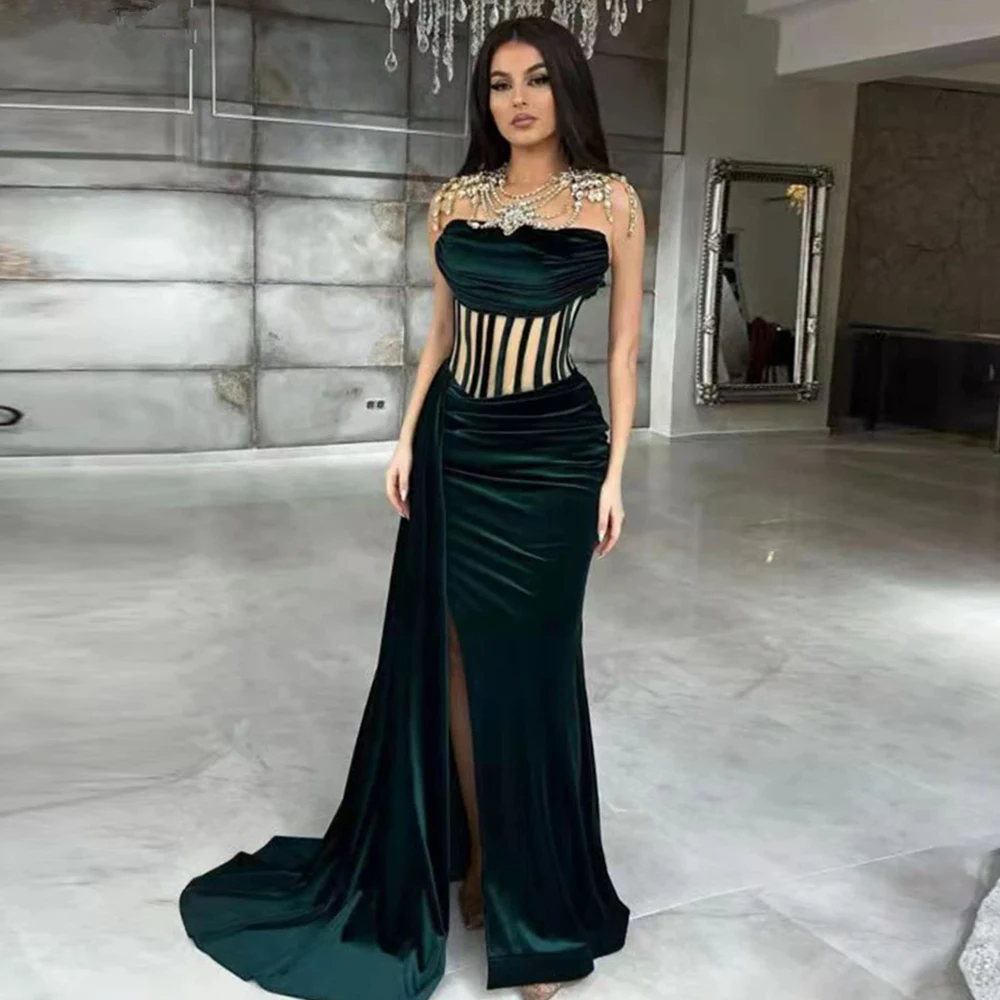 

EOENKKY Velvet Evening Dresses 2022 Women Illusion Sexy Long Celebrity Gowns Side Split Mermaid Prom Party Dress Robe De Soiree