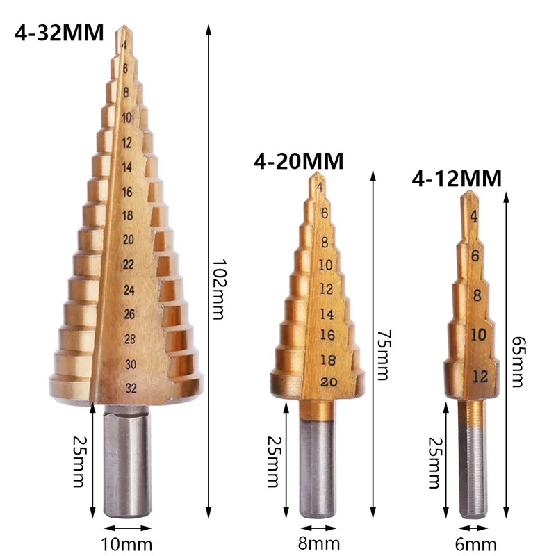 HSS Steel Titanium Step Drill Bit Set 4-12/20/32mm Metal Hole Cutter Wood Cone Core Drilling Hole Saw Tool Twist Saw Drill Kit