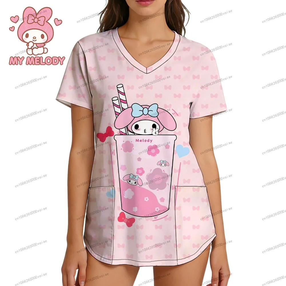 

Kawaii My Melody Nurse Uniform Women's T-shirt Streetwear V Neck T-shirt 3D Print Sanrio Top Pocket Summer Woman Clothes Shirts