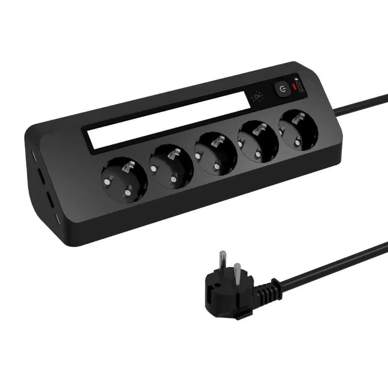 

EU Multi-plug Power Strip 5 AC Outlets, 2 USB Outlets, 2 Type-C Ports Desktop Corner Power Strip with LED Lights 1.5m Cable