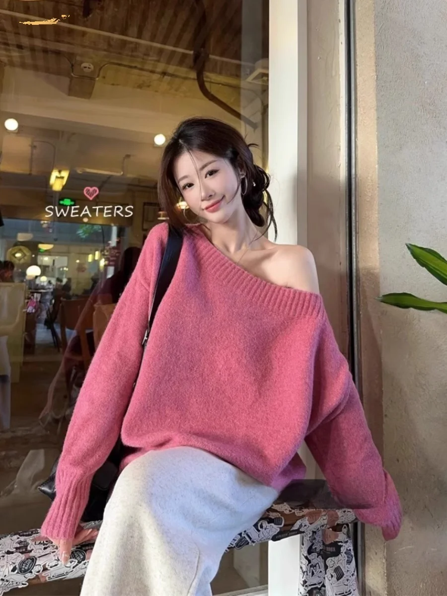 

Korean Laid-ba Sle oulder-baring Oversized Thi Long Sve Knitted Sweater Women's Faion Autumn Winter New Arrival