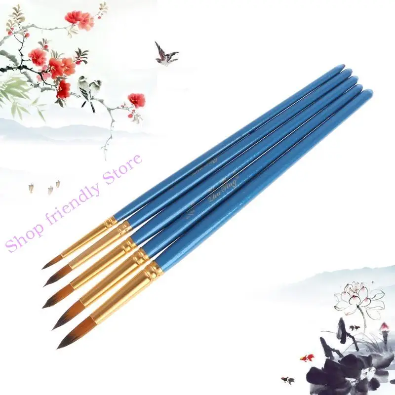 

594A 5xWatercolor Gouache Paint Brushes Round Pointed Tip Nylon Hair Set Art Supplies