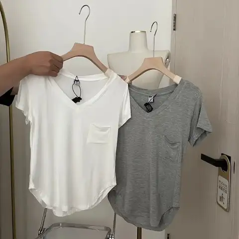 모달 코튼 드레이핑 쇄골 티셔츠 여성 여름 루즈 한국 스타일 베이스 셔츠 반팔 캐주얼 v 넥 탑