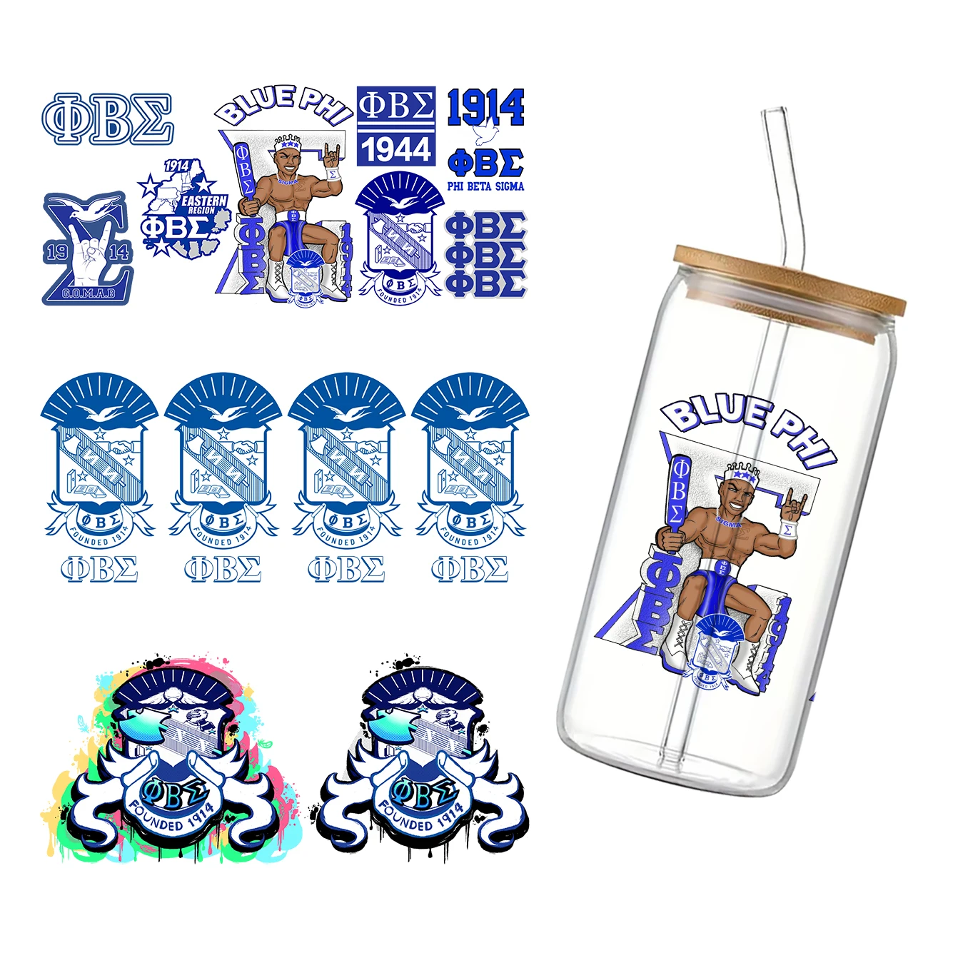 11x24cm Sorority Gemengde SgRho Phi Beta Sigma Voor Libbey 16oz Kan Glas 3D Waterdichte UV DTF koffie Kan Wrap Libbey Glas Wrap