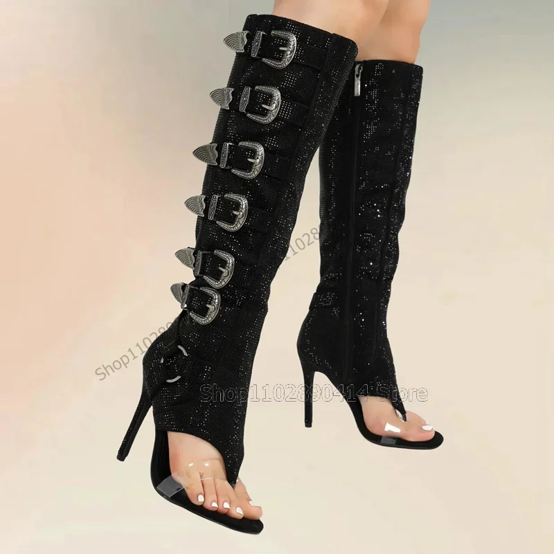 

Black Rhinestone Buckle Decor PVC Flip Flop Sandals Boots Side Zipper Women Shoes Thin High Heels Sexy 2025 Zapatos Para Mujere