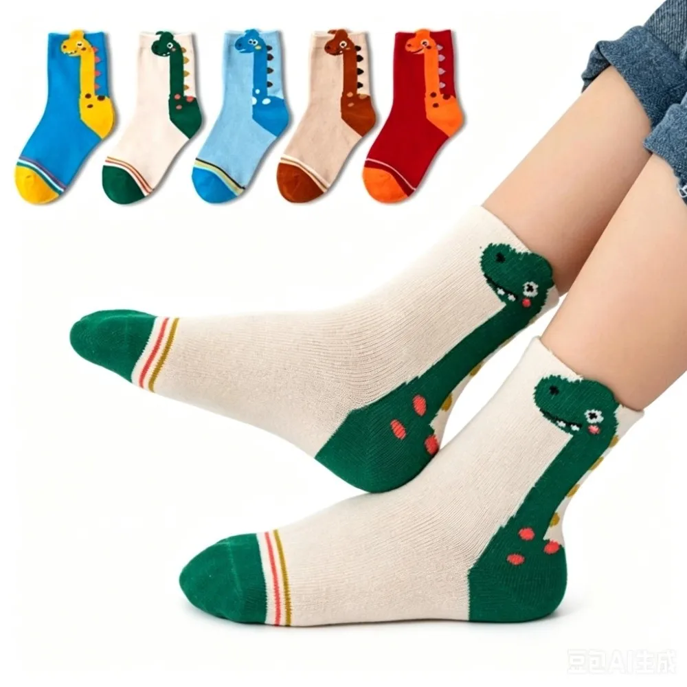 Colorful 5 Pairs Pack Kids Socks Soft Fabric Breathable Cartoon Pattern Socks Cotton Blend Dinosaur Socks Sports Wear