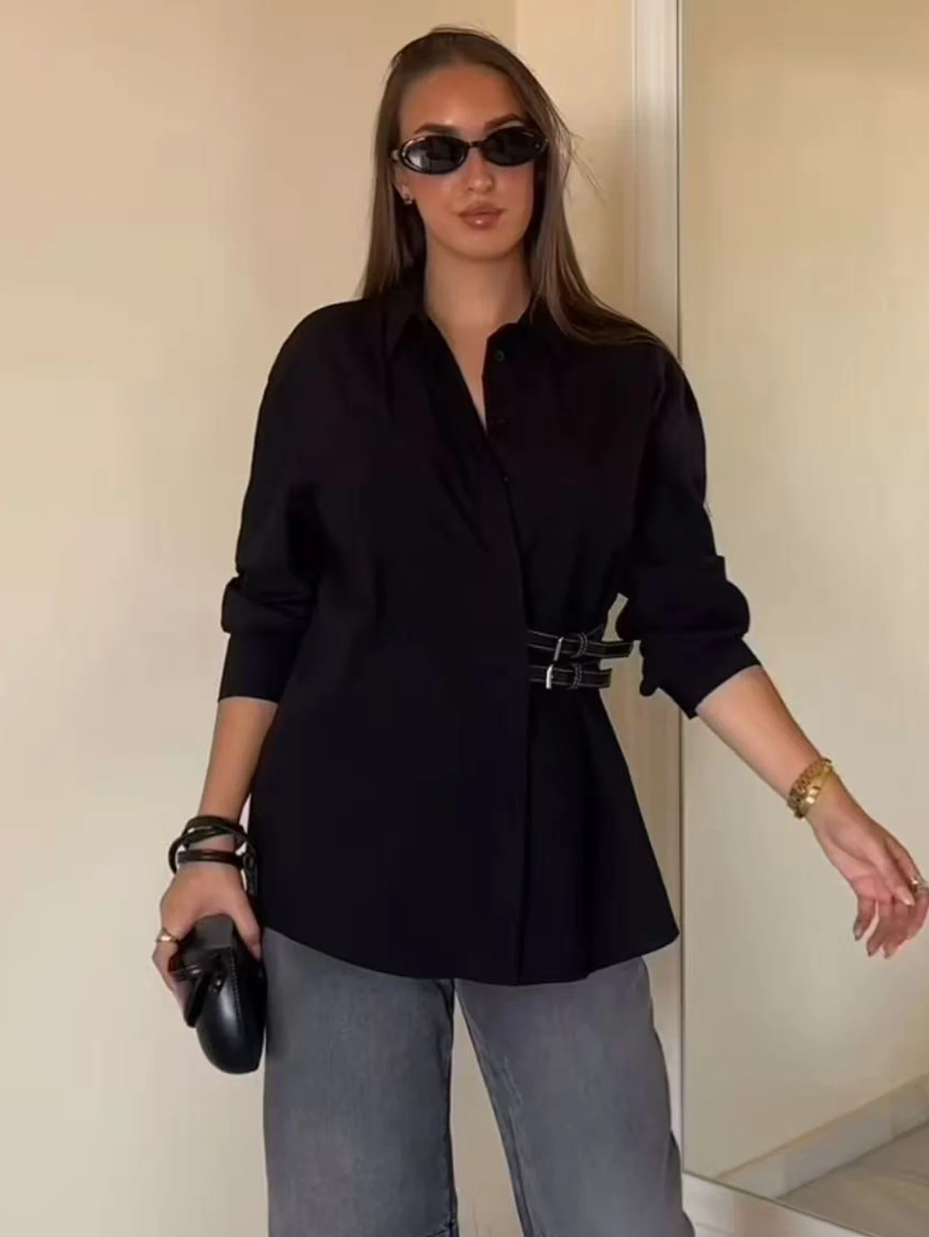 Camisas negras para mujer, blusas de manga larga a la moda femenina, camisa informal para mujer