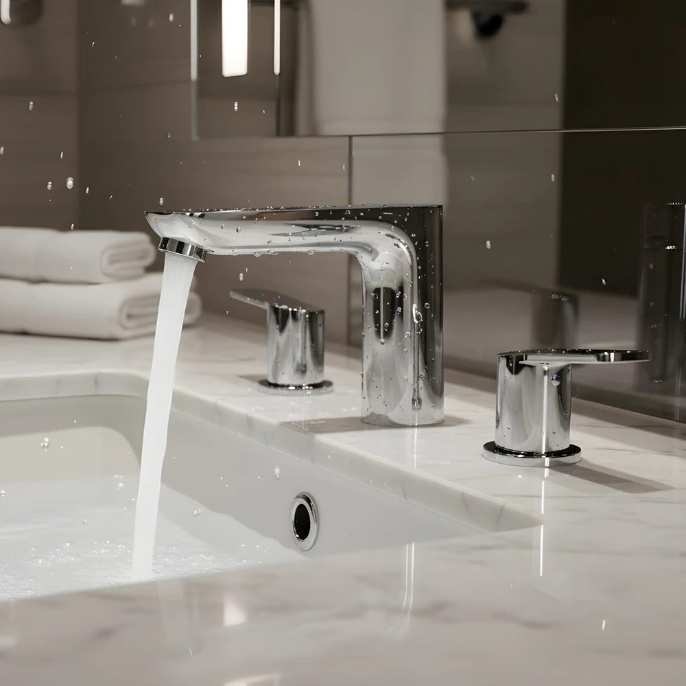 Full Brass Basin Mixer Faucet Dual Handle 3 Hole Hot and Cold Water Tap Perfect for Hotel Bathroom Renovation Project