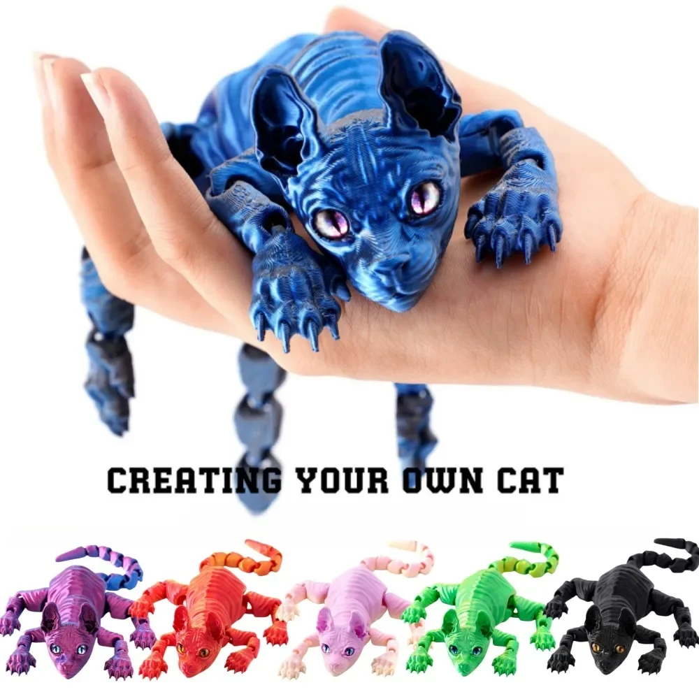 

3D Printed Sphynx Cat Animals Toy Realistic Hairless Figurine Articulated Cat Fidget Toy for Cat Lover Collector Home Decor