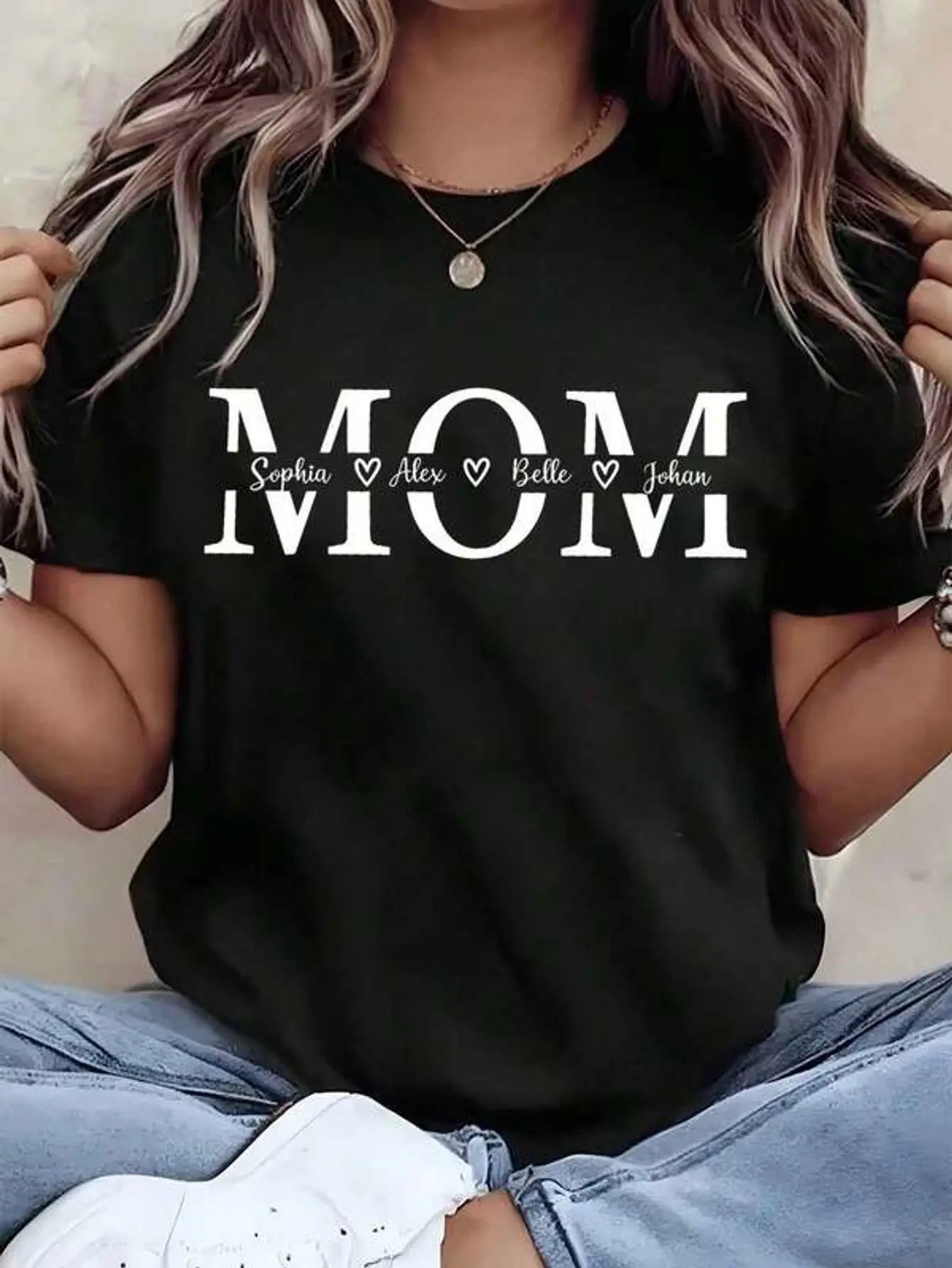 Women T Shirt Mom With Names Sophia Alex Belle Johan Printed Round Neck Basic Tee Casual Wear Gift For Mother 220g