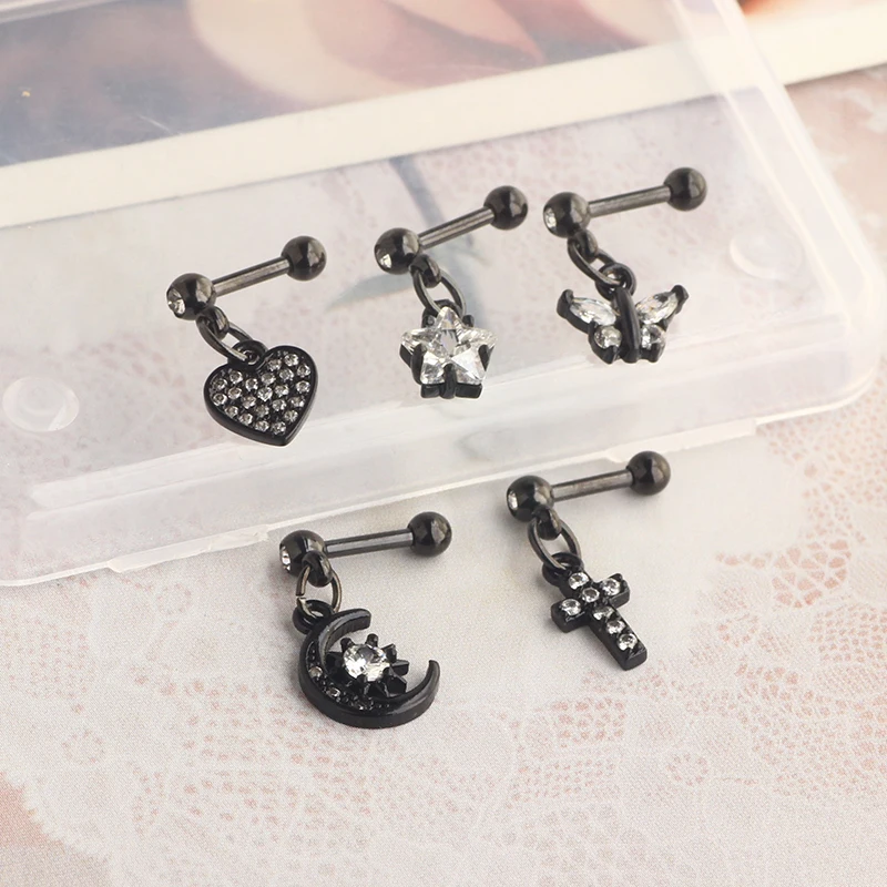 WHolesales Black Stainless Steel Crystal Cartilage Earring Set 16G Heart Ear Tragus Piercing Helix Earrings Hoop Bulk Stud Ear R