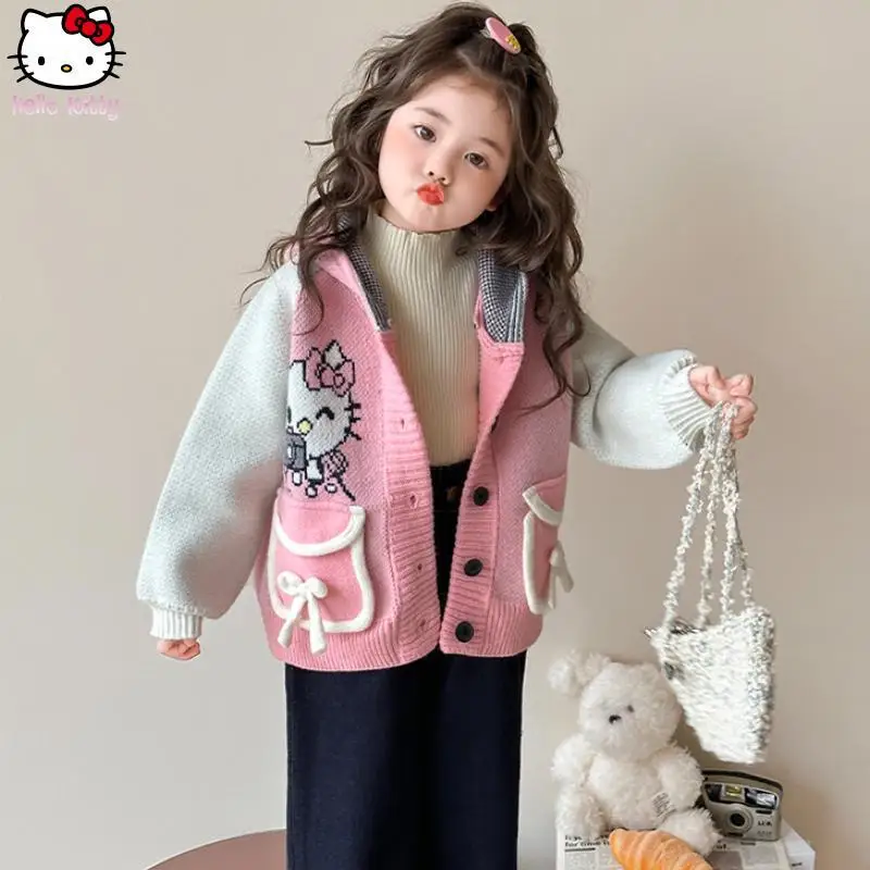 الأطفال الكرتون القط مقنعين معطف سميك Kawaii الخريف الشتاء جديد أنيمي سترة الفتيات سترة مشغولة من الصوف بلوزات الكورية الموضة #3